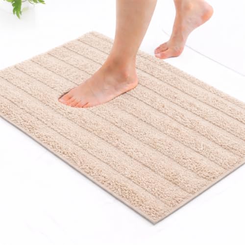 Image of Premium Combed Cotton Tufted Bathmat 45 x 65 cm, 1800 GSM Soft Absorbent Anti Skid Bathroom Floor Mat with Latex Backing, Quick Dry Non Slip Bath Rug for Shower & Daily Use, Stripes Beige