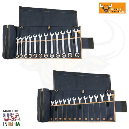 Image of BULL TOOLS Metric Ratcheting Wrench Set (8-19mm), 12-Pocket Roll, with Zip Pouch, Made from Durable Recycled Cotton Canvas for Mechanics, DIYers, and Home Use - Navy Blue