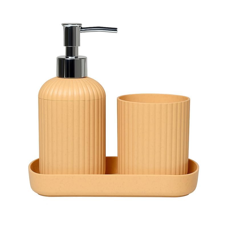 Image of 3PCS Set Bathroom Soap Dispenser Set with Toothbrush Holder and Vanity Tray Unbreakable (Peach)