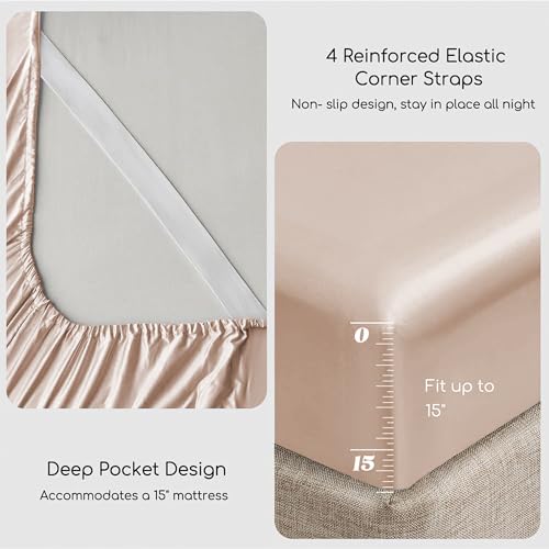 Image of MR&HM Satin Bed Sheets, Twin Size Sheets Set, 3 Pcs Silky Bedding Set with 15 Inches Deep Pocket for Mattress (Twin, Champagne)