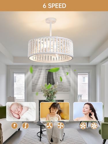 Image of Ceiling Fans with Lights and Remote - Bulbs Included, Caged Fandelier with Handcrafted Beaded Decor 19 inches Reversible Flat and Angled Ceiling Installation, White
