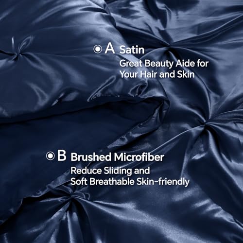 Image of BEDELITE Satin Comforter Set King Size, 7 Pieces Pintuck Bed in A Bag with Comforter, Flat Sheet, Fitted Sheet, Pillowcases, Shams, Soft Cozy Similar to Silk Bed Set for All Seasons (Navy)