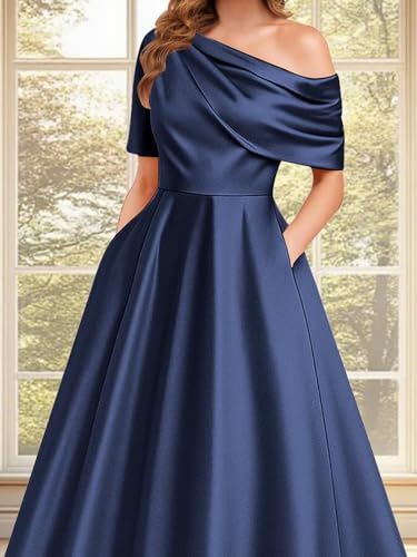 Tea Length Satin Mother of The Bride Dresses for Women One Shoulder A Line Formal Wedding Guest Dresses with Pockets4