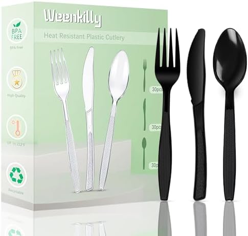 Pre Rolled Silverware Set Disposable 100-Piece Disposable Plastic Cutlery Set - Forks, Knives, Spoons In White, Black & Clear - Reusable & Perfect For Parties Plastic Forks Silver - Foto 14