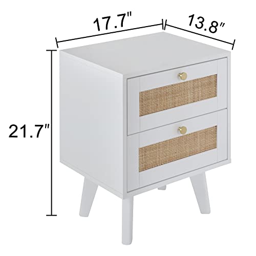 Giluta Rattan Nightstand with 2 Drawers, Solid Wood Bedside Table, Boho Night Stand, Easy Assembly Mid-Century Side Table for Living Room, Bedroom (White/Gold) - Image 5