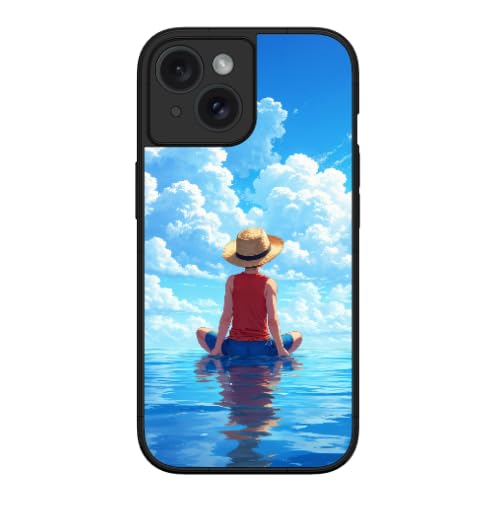 Apple iPhone Anime Glass Back Cover Case - Sleek & Durable Hard Glass Case for Maximum Protection (iPhone 15, Luffy One Piece, Blue)