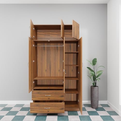 Image of VIKI Wardrobe | Wooden Almirah for Clothes,Door for Bedroom, 3 Door LoftWardrobe with Drawer, Mirror & Hanging Space (Brussel Walnut - 40D x 120W x 220H) | 1 Year Warranty | Free Assembly