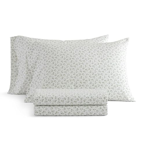 Image of Martha Stewart - Full Size Sheet Set, Crisp & Tailored Bedding with a Smooth Cotton Percale Feel, Deep Pocket, Bed Sheets with Matching Pillowcases & Fitted Sheet (Kennedy Floral Green)