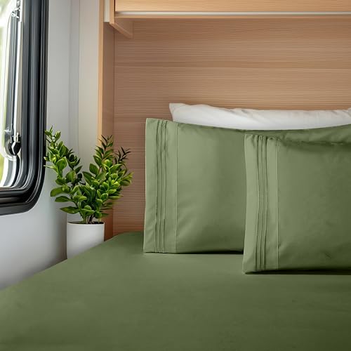 Image of Elegant Comfort Luxurious 1500 Premium Hotel Quality Microfiber Three Line Embroidered Softest 4-Piece Bed Sheet Set, Wrinkle and Fade Resistant, RV Short Queen, Green