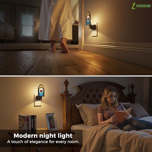 Image of L LOHAS LED Night Lights Plug into Wall, Gothic Night Light with Light Sensor, 3000K Soft White, 0-100LM Adjustable Brightness, Acrylic Rose Nightlight for Bathroom Bedroom Hallway, 2 Pack