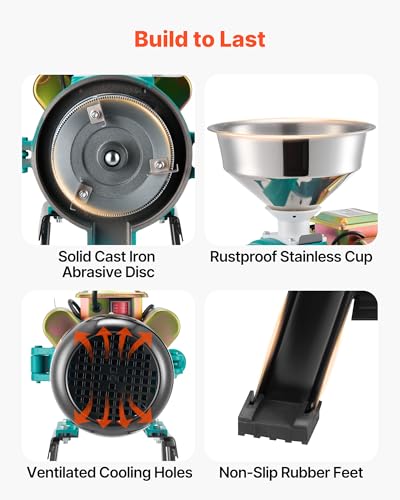 Image of VEVOR Electric Grain Mill Grinder, Commercial Spice Grinders, 1500W Cast Iron Pulverizer Powder Machine with Non-Slip Rubber Feet, for Dry Grains, Spices, Cereals, Coffee, Corn & Pepper