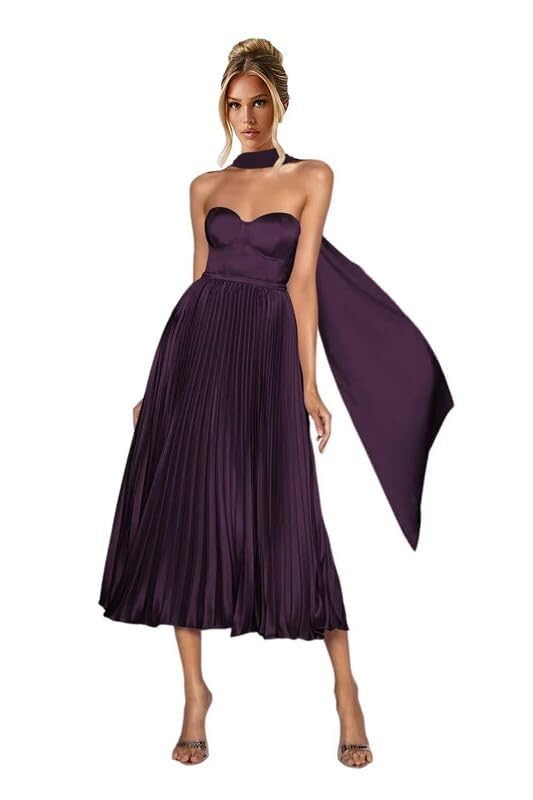 Women's Strapless Bridesmaid Dresses Pleated Satin Evening Formal Dress with Scarf