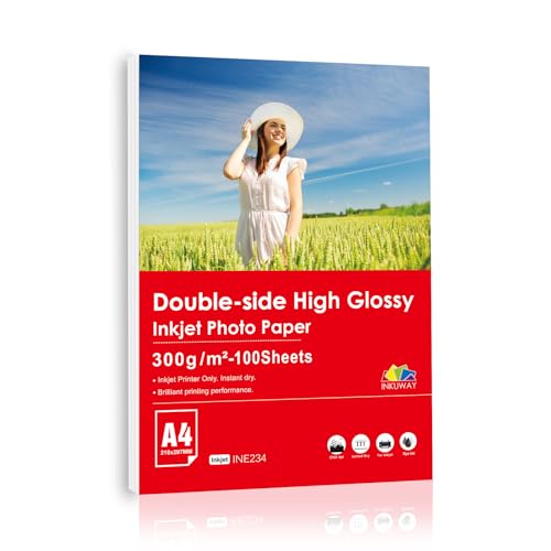 Inkuway 300gsm Papier Photo Double Face A4 Brillant Jet d'encre 100 Feuilles Recto-Verso, Imprimante Épais