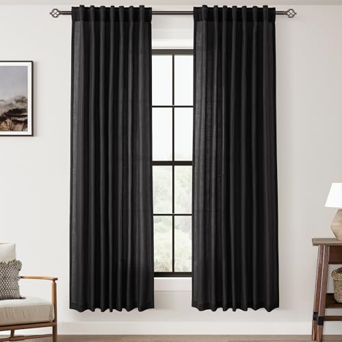 Jolilight Black Linen Curtains 72 inches Long for Bedroom Back Tab Light Filtering Privacy Semi Sheer Black Curtains Living Room Boho Rustic Farmhouse Cotton Textured Gauze Curtain 2 Panel Set
