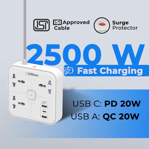 Image of Embox Extension Board 2 Meter Cable | USB Ports 2 QC1 PD (20W) and 3 Universal Sockets | Extension Cord with Overload Protector | 2500W Extension Board with Switches Safety Shutter LED Indicator