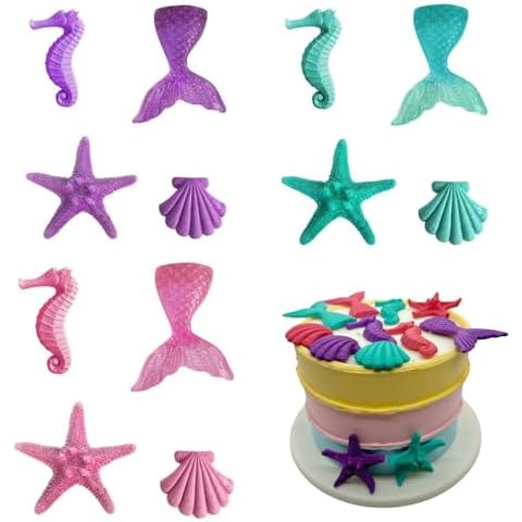 12 Pcs Sea Creatures Sea Shells Star Mermaid Tail Cake Topper for Mermaid Under the Sea Themed Theme Birthday Party Baby Shower Wedding Cake Decorations Cover