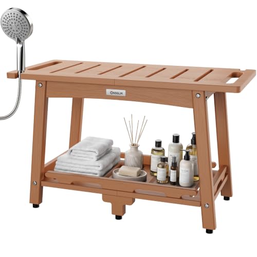 28" Extra Large Shower Bench, HDPE Waterproof Shower Chairs Seat, Adjustable and Non-Slip Feet, Shower Stool for Inside Shower to Sit On, Indoor/Outdoor Use, As Porch Bench, Garden Entryway, Teak