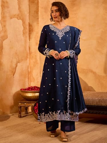 Image of Naixa Women's Vichitra Silk Embroidered A-Line Kurta with Pant and Dupatta Sets (NX-845)