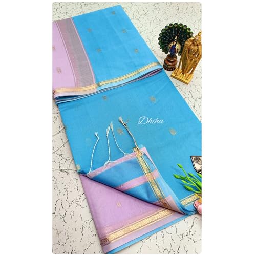 Image of Original Maheswari Cotton Silk Saree for Women | Kanjivaram Pure Silk Cotton Sari with Blouse | Zari Work | Tassels | Handloom Weave