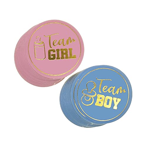 Botão de revelação de género, 72 Pack autocolantes autocolantes de revelação de gênero para bebés com letras douradas de brilho Team Boy and Girl para Baby Shower jogos de festa deco