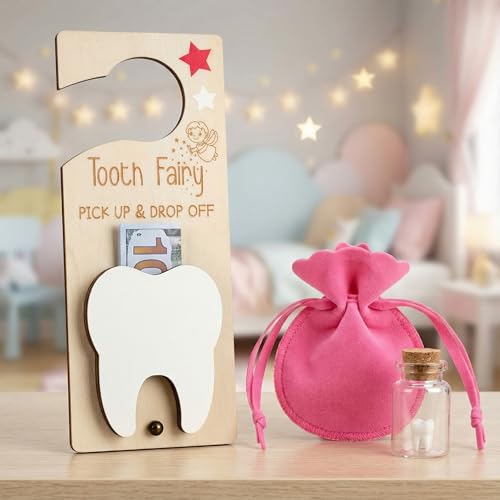 Image of DoubleFill Fairy Tooth Gift Holder Bag Door Hanger Lost Teeth Keepsake Box Tooth Fairy Kit Stores Back to School Gift for Lost Teeth Boy Girl Primary School Classroom Gifts(Classic,Rose Red)