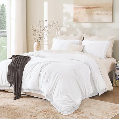 Image of Andency White Comforter Set Full, 3 Pieces Boho Lightweight Bedding Comforters & Sets, All Season Soft Fluffy Tassel Bed Set (79x90In Comforter & 2 Pillowcases)