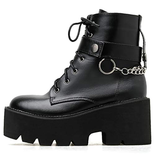 Image of Parisuit Womens Goth Patent Ankle Boots Platform Chunky Combat Boots | Lace Up, Gothic Boots, High Heel, Punk Short Booties, Buckle Boots, Chain Boots