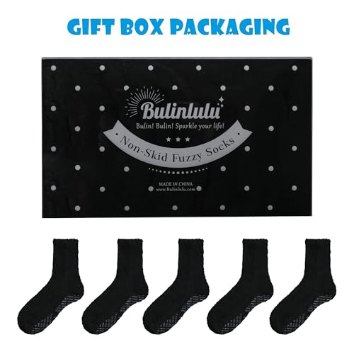 Image of Bulinlulu Fuzzy Socks With Grips for Women, 5 Pairs Non Slip Sleep Warm Fluffy Slipper Socks Gifts for Women