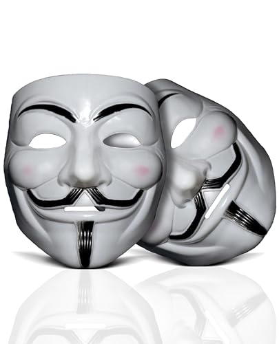 Dreamzfit - Pack of 2 Adult V for Vendetta Anonymous Hacker Face Mask for Women Men Halloween Party Costume Cosplay White Mask Guy Fawkes Set