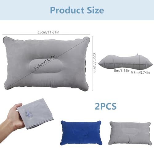 Lot de 2 Oreillers Gonflables Coussin Voyage Avion Oreiller Gonflable Coussin Plage Coussins Gonflable de Camping Oreillers pour Les Voyages Camping Plein air pêche Excursions(34x22 cm, Gris) – Image 3