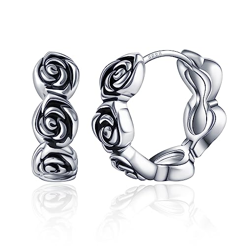925 Sterling Silver Small Hoop Earrings Rose Flower Earrings for Women Hypoallergenic Huggie Hoops Earrings