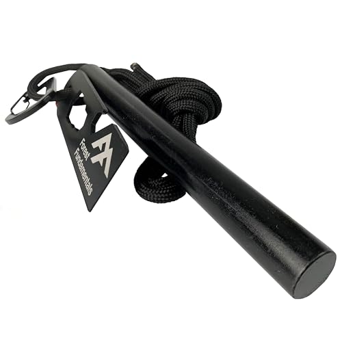 Forest Fundamentals Beast Fire Starter & Stealth Striker | Ferro Rod Fire Steel & Striker | Disponible en longitudes de 4 y 8 pulgadas | Agujero para cordón y cordón de supervivencia grande | 1/2