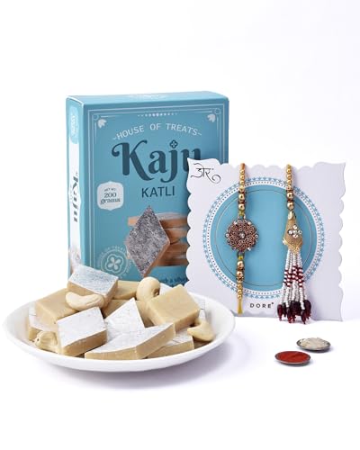 Image of House of Treats Bhaiya Bhabhi Rakhi Set With Kaju Katli 200g Rakhis for Bhaiya and Bhabhi Sweets Gift Pack Raksha Bandhan Gift Rakhi with Sweet