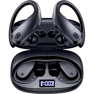 GNMN Bluetooth Headphones Wireless Earbuds Over Ear Buds 90H Playback IPX7 Waterproof Sports Earphones Deep Bass with Wireless Charging Case & Dual LED Power Display Earhooks Headset for Running Black