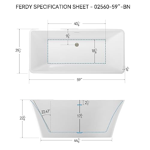 Ferdy Sentosa 59"X30" Freestanding Bathtub, Acrylic Soaking Contemporary Design Bathtub With Brushed Nickel Drain, Integrated Slotted Overflow,Glossy White, Cupc Certified, 02560 #TOP4