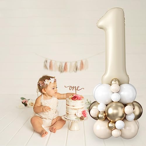Image of 40 Inch Cream Number 1 Balloon for 1st Birthday Decorations Beige White Sand Number One Foil Balloon Tower Giant Large Nude Neutral Digit Helium Balloons Stack for Girls First Anniversary Party