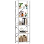 Furologee White Tall Bookshelf, Narrow Bookcase with 6 Shelves, Modern Freestanding Shelf Units, Metal and Wood Display Storage Corner Rack Organizer for Living Room, Home Office, Hallway, Bathroom