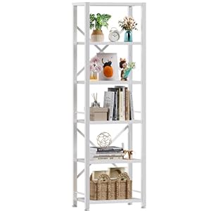 Furologee White Tall Bookshelf, Narrow Bookcase with 6 Shelves, Modern Freestanding Shelf Units, Metal and Wood Display Storage Corner Rack Organizer for Living Room, Home Office, Hallway, Bathroom