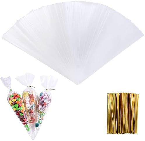 Ktxaby 100 Stück Dreieckige Cellophantüten 18x37cm - Transparent Mit Goldenen Bindebändern