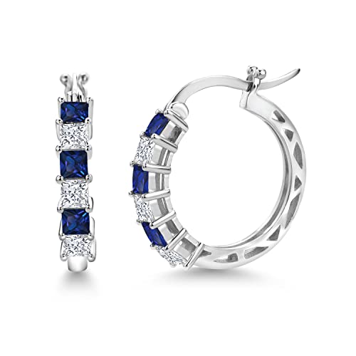 Gem Stone King 1.56 Cttw Blue Created Sapphire and White Moissanite Hoop Earrings for Women | 925 Sterling Silver | 3MM Princess Cut | 20MM | Fine Jewelry Gifts for Her Mom Women Wife