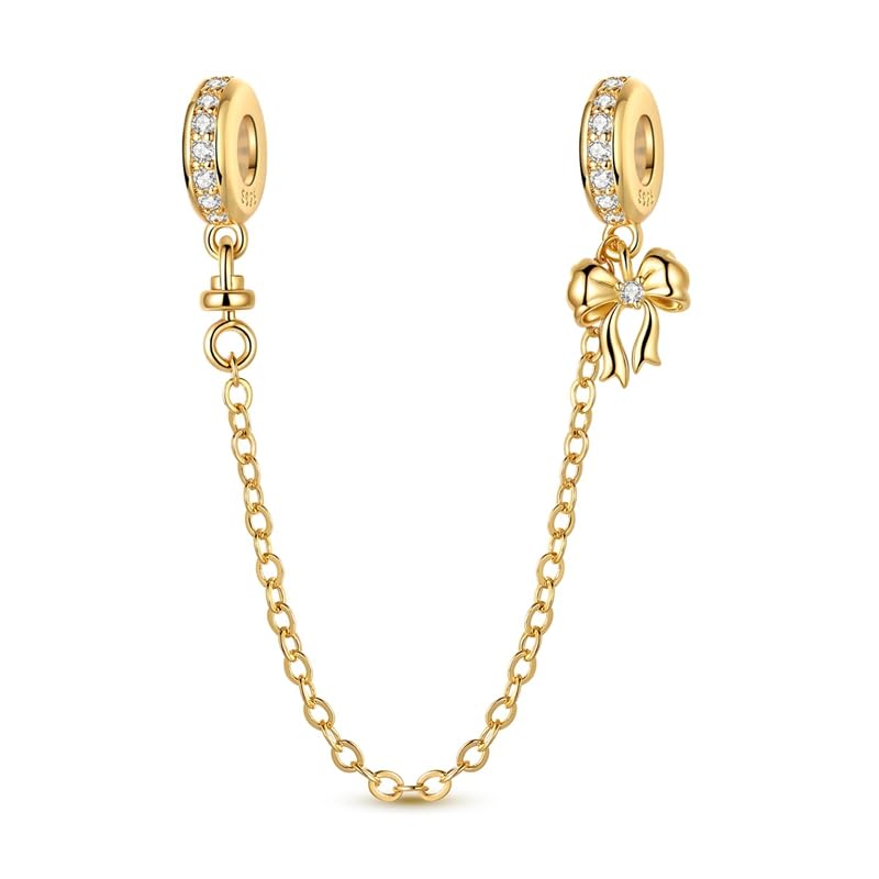 TBYHR Gold Sparkling Bow Safety Chain Charms for Bracelets Necklaces 925 Sterling Silver with 5A Cubic Zirconia Birthday Handmade Jewelry Gift for Women