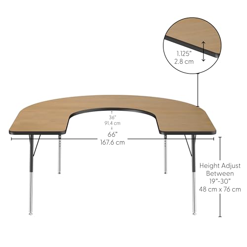 Image of FDP Horseshoe (60 x 66 inch) Collaborative Teacher Classroom Table with Adjustable Standard Swivel Glide Legs (19-30 in) School and Office Furniture - Pasadena Oak Top /Black Edge and Legs