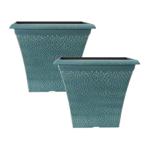Fyne-Finds Set of 2 Indigo Green Plastic Tall Planter Square 35cm,14inch Plant Pot 20L Flower Pot Home Garden Decor with Drainage Holes