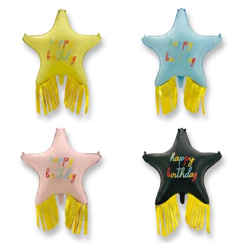 Happy Birthday Mylar Star Balloons with Gold Tassels, 4-Pack Large 29”x38” Foil Star helium Balloons in Yellow, Baby Blue, Baby Pink & Black, Birthday Decorations for Kids’ Party & Baby Shower
