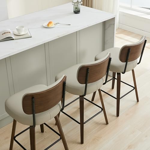 Image of Swivel Bar Stools Set of 2, 30 inch Upholstered Bar Height Stools with Back and Walnut Wood Legs, Faux Leather Barstools for Kitchen Counter, Beige Gray