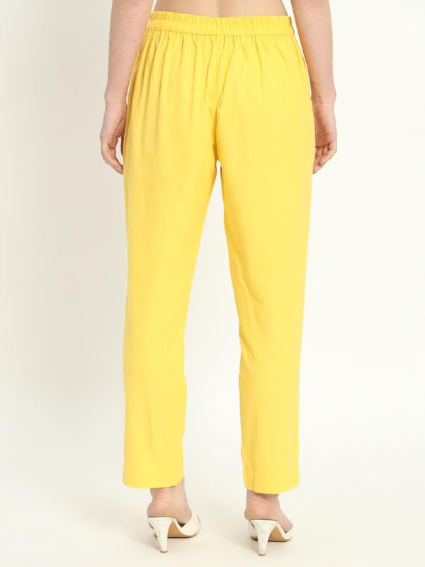 Image of Women's Solid Straight Fit 100% Cotton Trousers | High Waist, Side Pockets, Ankle Length Pants for Office, Casual