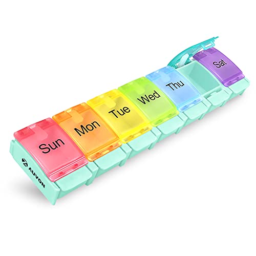 AUVON Weekly Pill Organizer Arthritis Friendly, BPA Free Travel 7 Day Pill Box Case with Spring Open Design and Large Compartment to Hold Vitamins, Cod Liver Oil, Supplements and Medication