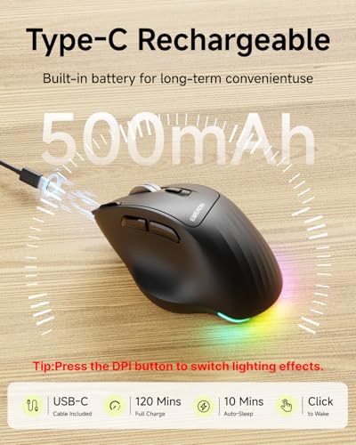 C2 Ergonomic Wireless Mouse, RGB Rechargeable Ergonomic Bluetooth Mouses, 2.4G with 4000 DPI Optical Tracking, 5 Adjustable DPI, Quiet Clicks Computer Mouse for Laptop, PC, Desktop - Black - Image 5