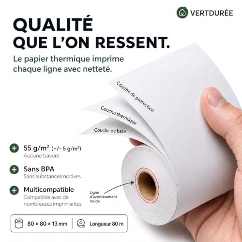 Vertduree Zestaw 20 rolek papieru termicznego 80 × 80 × 13 mm bez BPA - szpule kasowe, drukarka biletów, wpływy, restauracja, sklep, handel i punkt sprzedaży