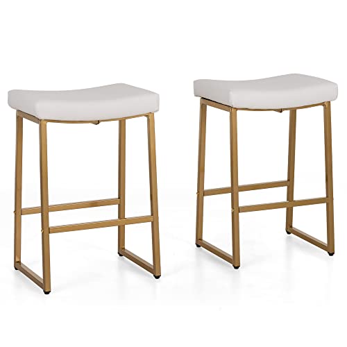 Maison Arts White & Gold Bar Stools Set Of 2 Counter Height 24 Inches Saddle Stools For Kitchen Counter Backless Modern Gold Barstools Upholstered Faux Leather Stools Farmhouse Island Chairs #TOP5